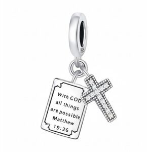 Silver Cross & Bible Verse Charm Matthew 19:26 Faith Pendant Necklace Bracelet